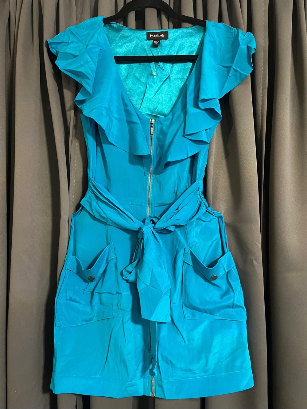 bebe Turquoise Ruffle Tie-Waist Mini Dress